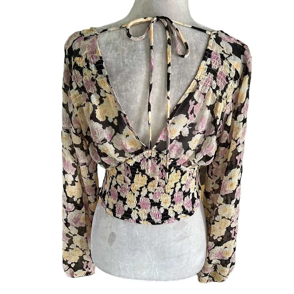 Lulus Romantic Impression Black Floral Smocked Tie Back Cropped Top - M - Picture 8 of 15